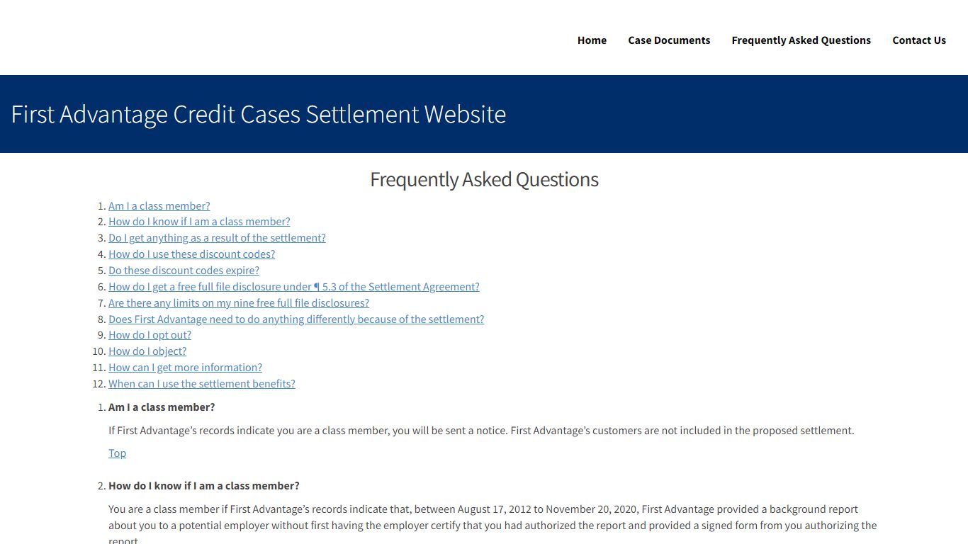 First Advantage Credit Cases Settlement Website
